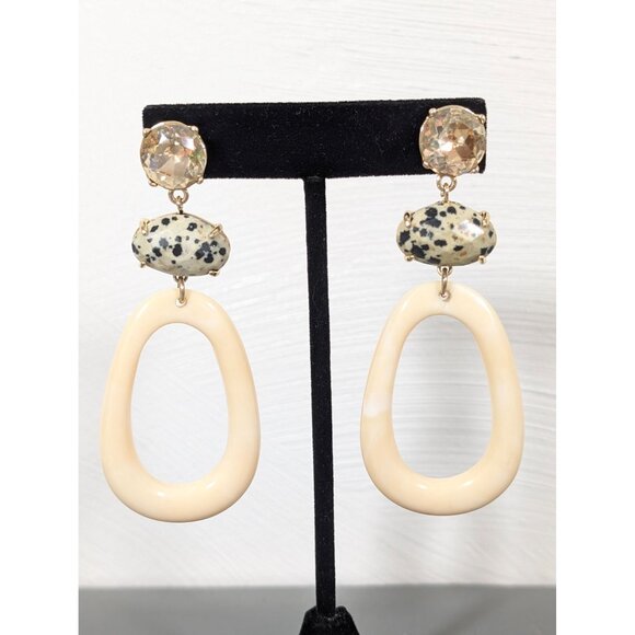 Boho Dalmation Stone Oval Dangle Rhinestone Earrings Bold Statement - Picture 1 of 7